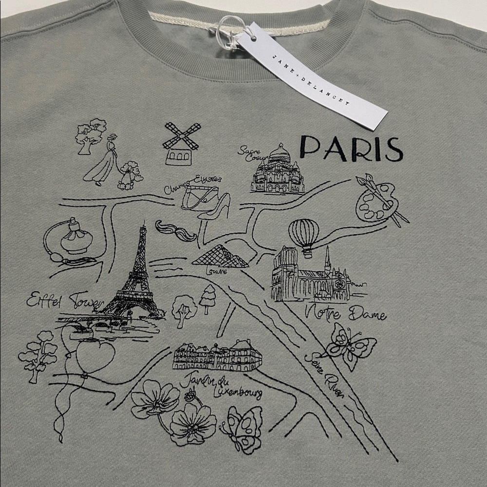Jane+ Delancey Paris Skyline Light Green Embroidered Sweatshirt M, L NWT